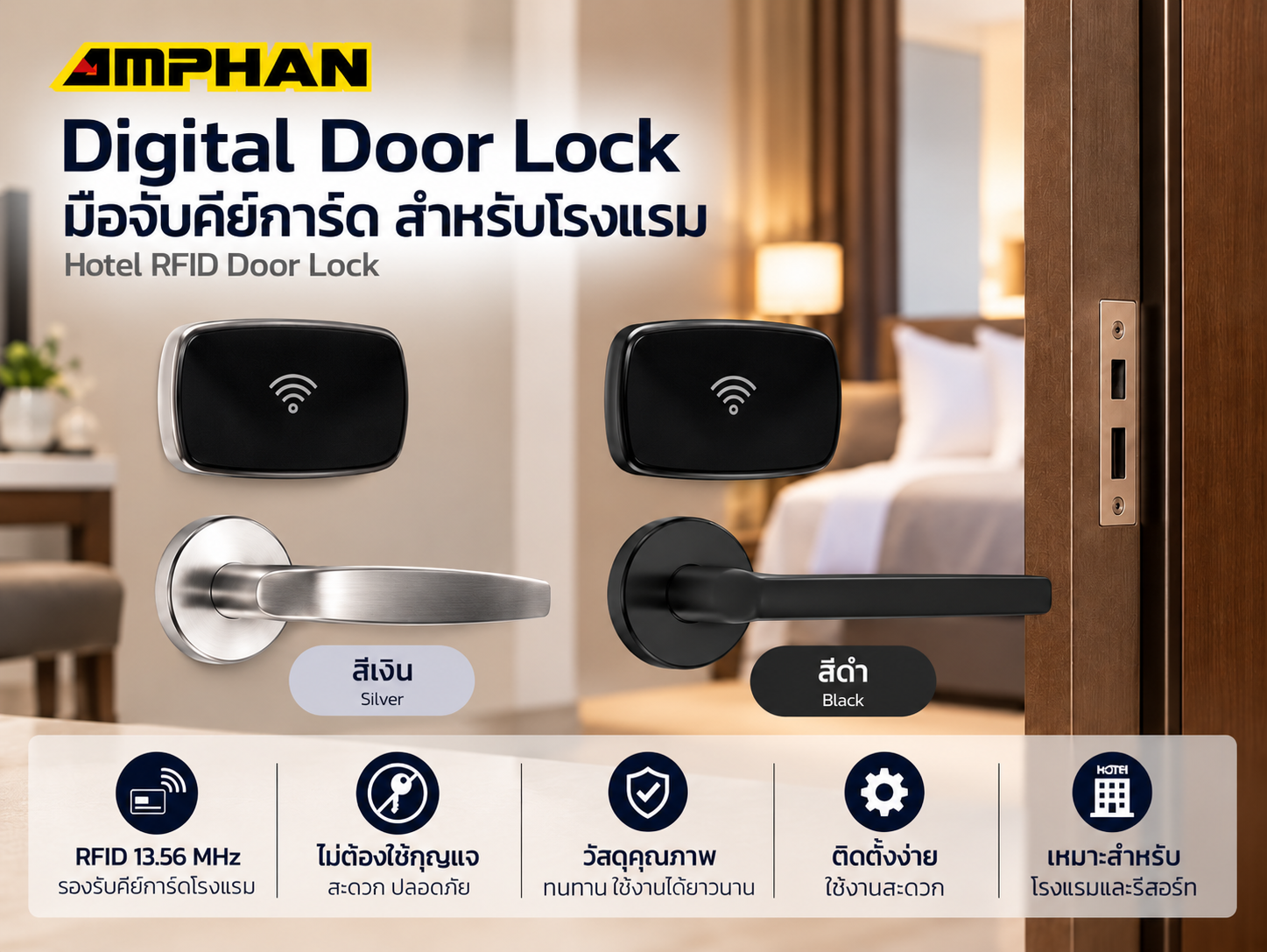 Digital Door Lock โรงแรม AMPHAN รุ่น DLS-V9P RFID
